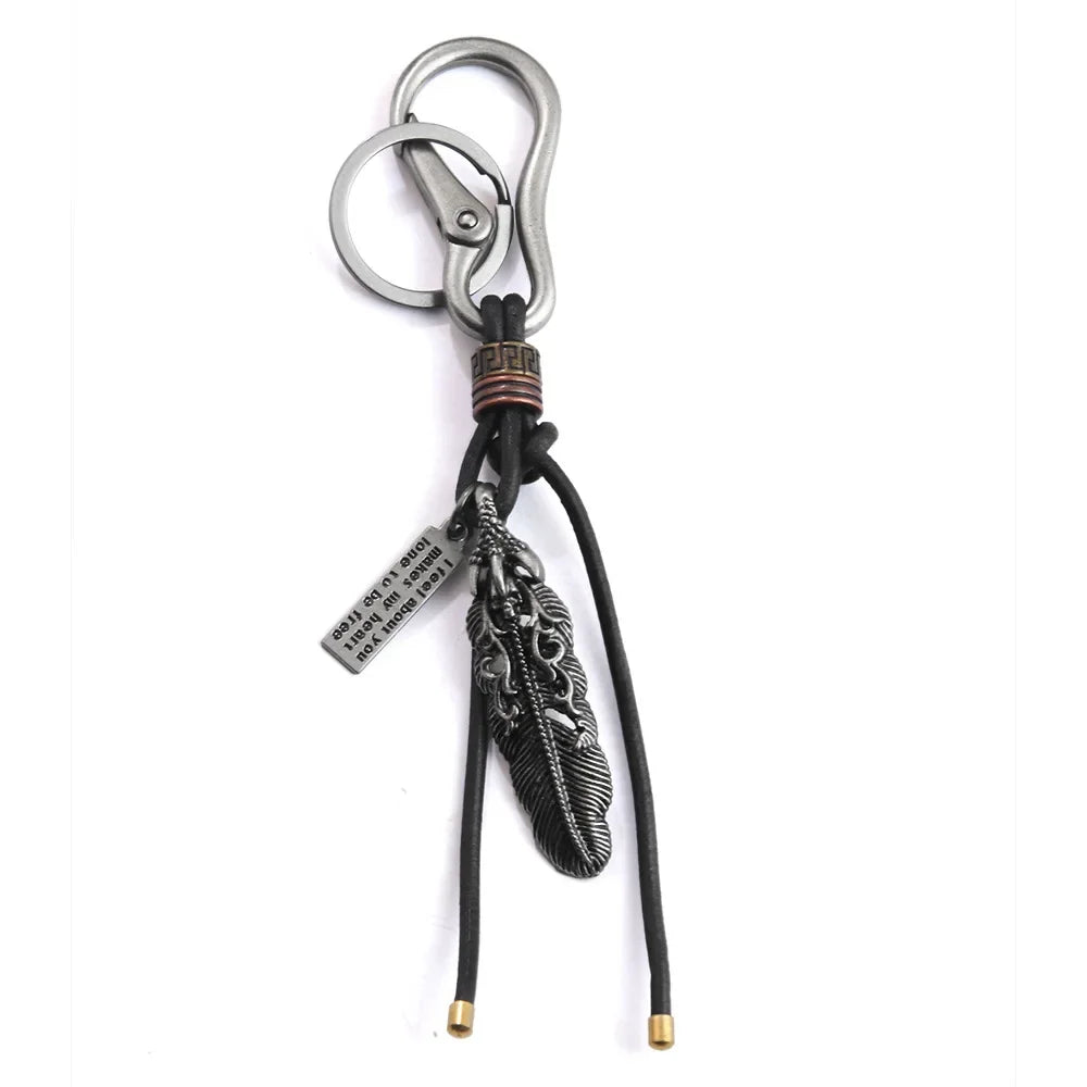 Wholesale retro woven cowhide keychain creative design bronze pendant